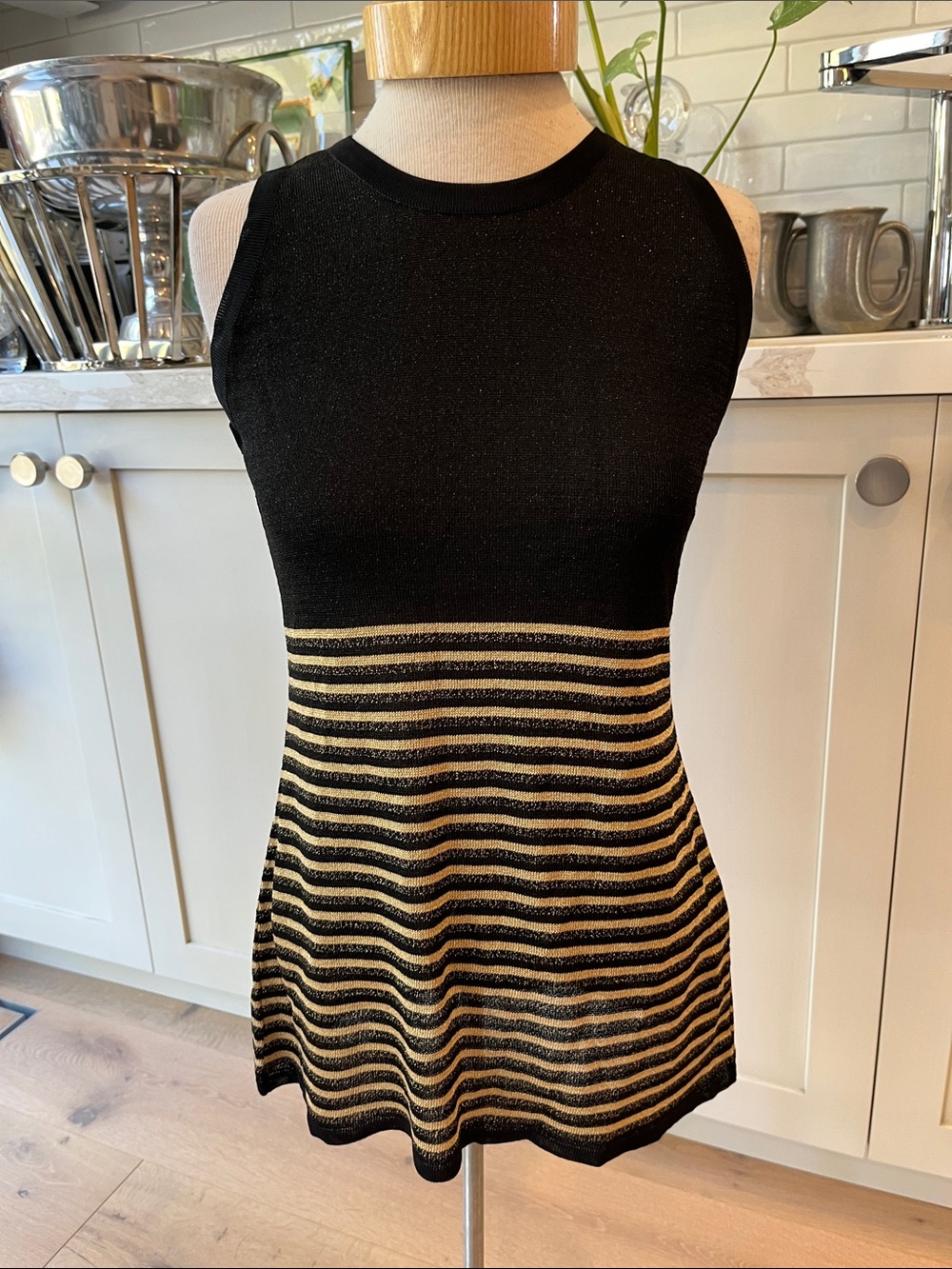 Yves Saint Laurent Black Bodice & Black/Gold Striped Knit Sleeveless Top